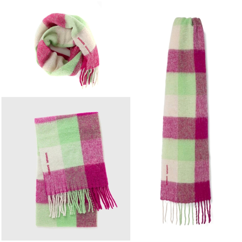 Samsoe & Samsoe X MYLAB, Alex Plaid Fringed Wool Scarf In Pink/Green Motif
